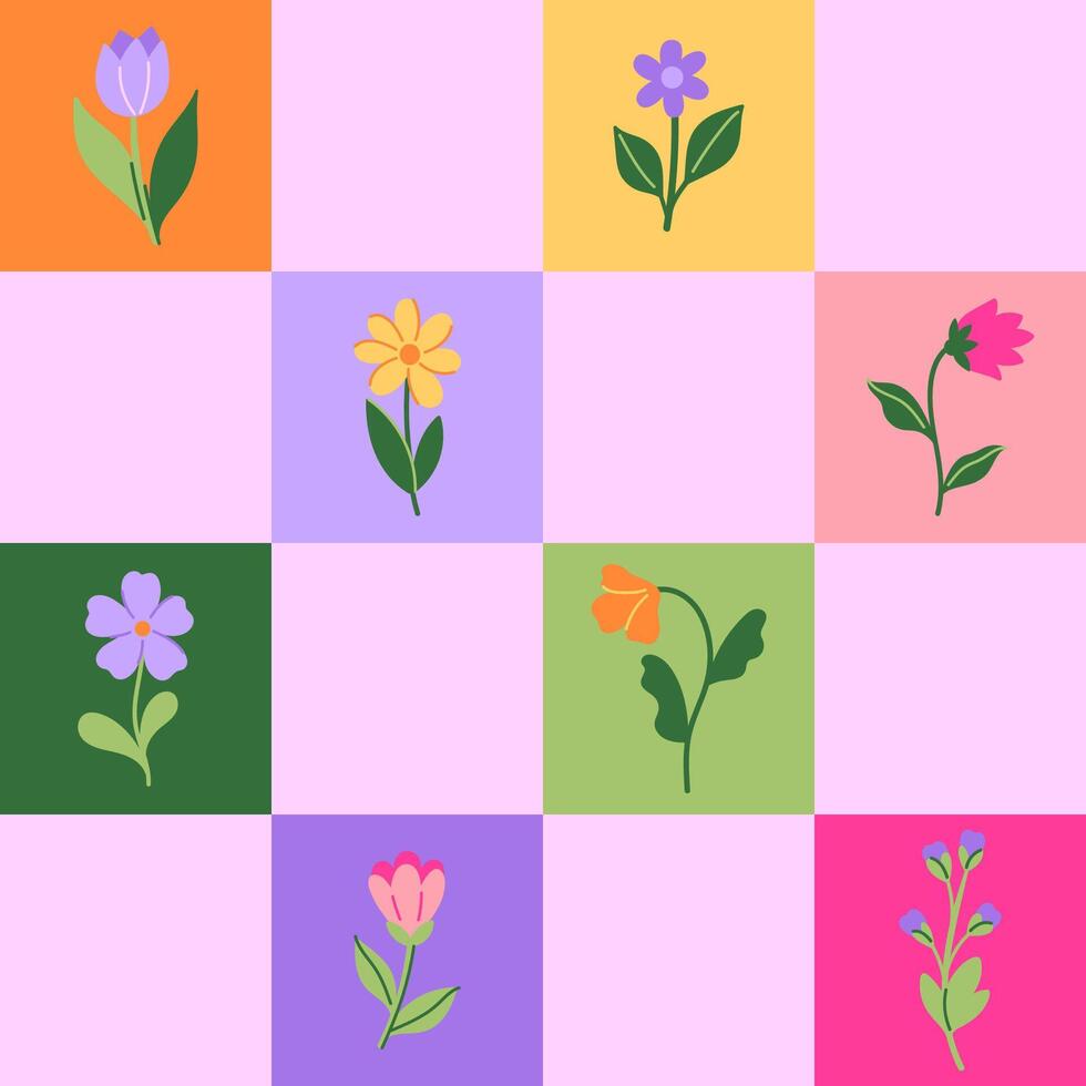 Seamless multicolored checkered pattern with colorful flowers. Vector graphics.