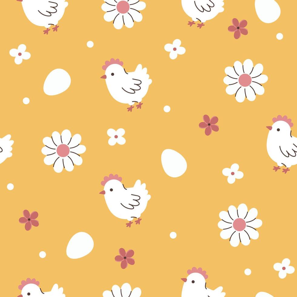 Simple seamless pattern with chickens, eggs and flowers. Vector graphics.