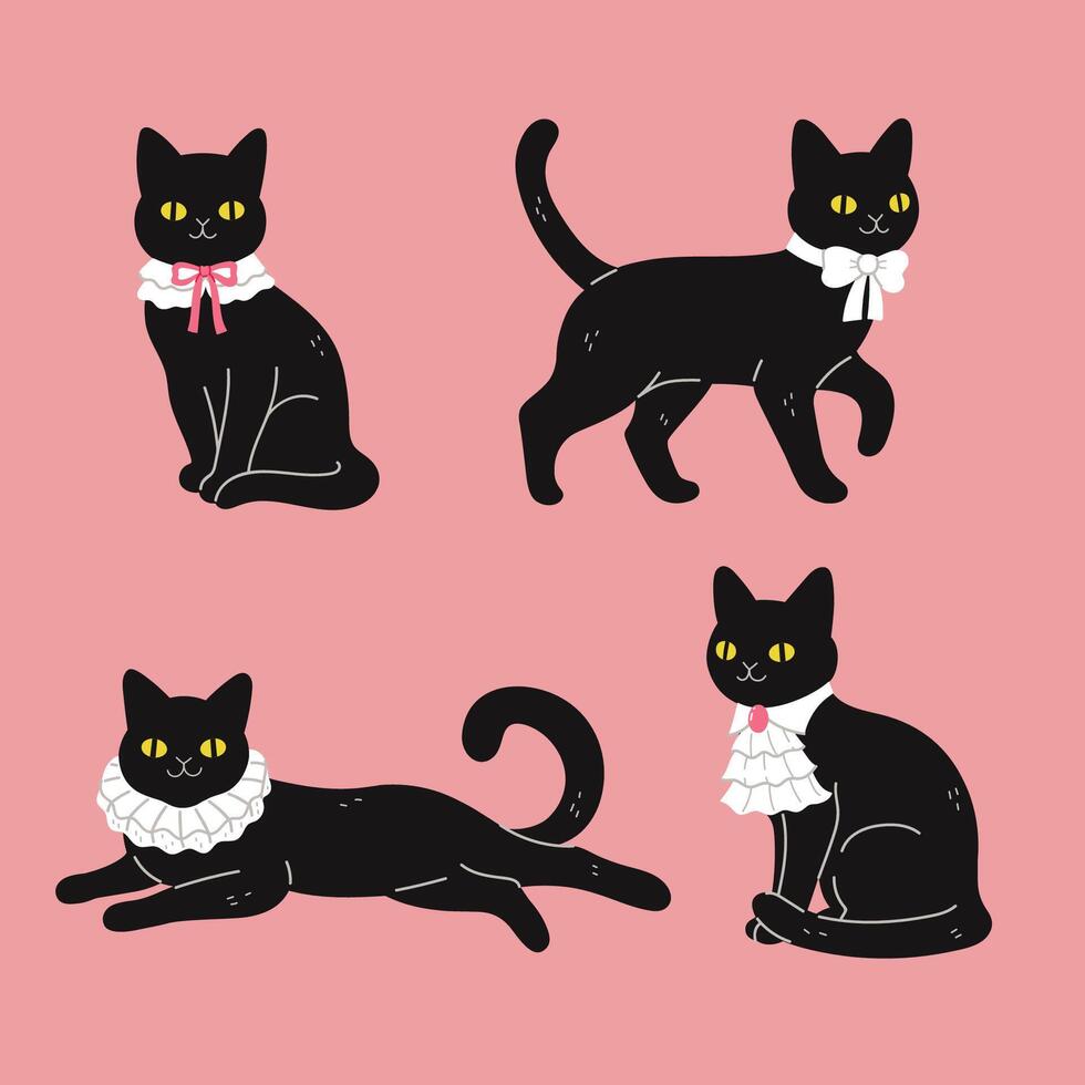 Set of cute black cats in luxurious white collars. Vector graphics.