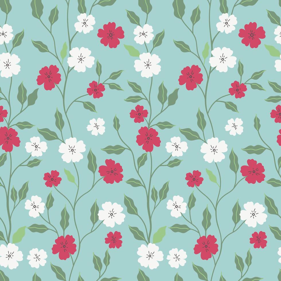 Seamless pattern of red and white flowers on a blue background. Vector graphics