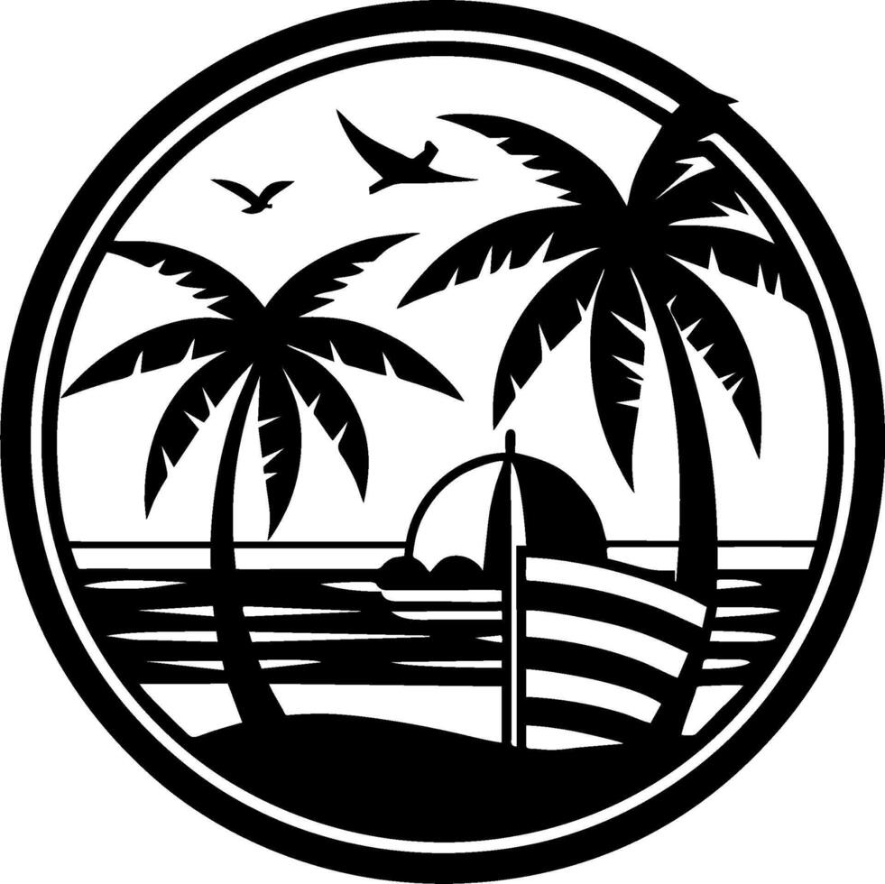 ai generado playa, atardecer, palma arboles logo negro y blanco en redondo marco. vector