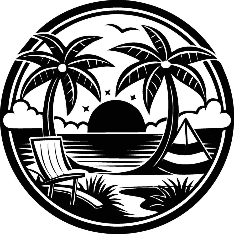 AI generated Beach, sunset, palm trees logo black and white in round frame. vector