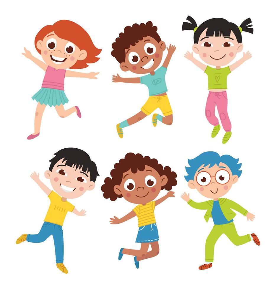 Set of happy boys and girls jumping together. Joyful children. Chinese child, European child, black child. Isolated vector flat cartoon