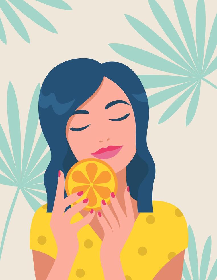 Summer vibe. A woman enjoys a fresh slice of orange. Vector illustration in minimalistic style for posters, covers, flyers, banners