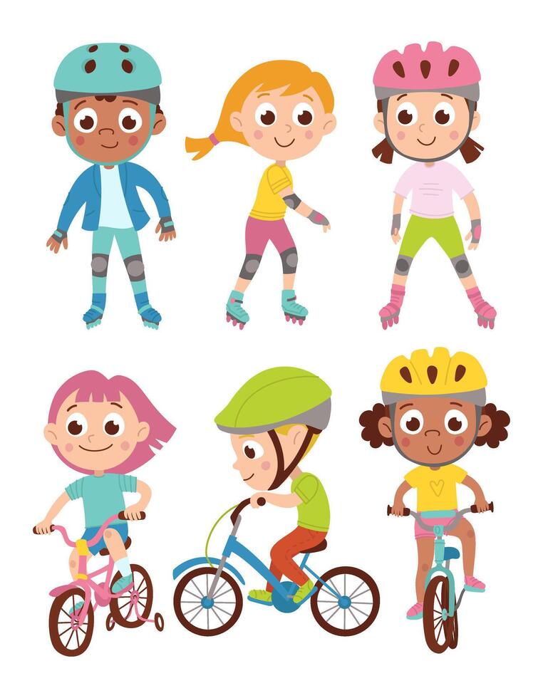 conjunto de niños montando rodillo patines y bicicleta. chico y muchacha. internacional. vector plano dibujos animados aislado