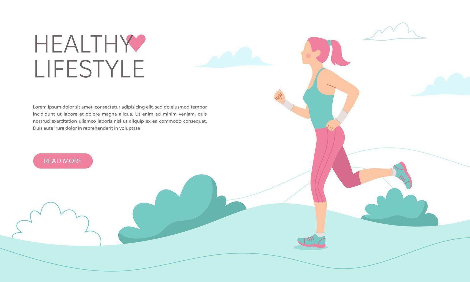 web bandera. un joven mujer carreras en ropa de deporte. sano estilo de vida concepto. vector plano ilustración