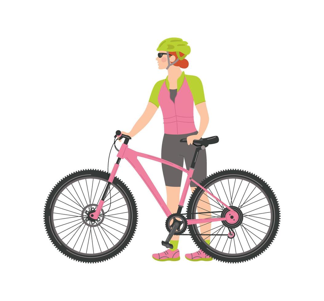 A woman stands next to a bicycle. Sports, training, healthy lifestyle. Vector flat cartoon isolated illustration