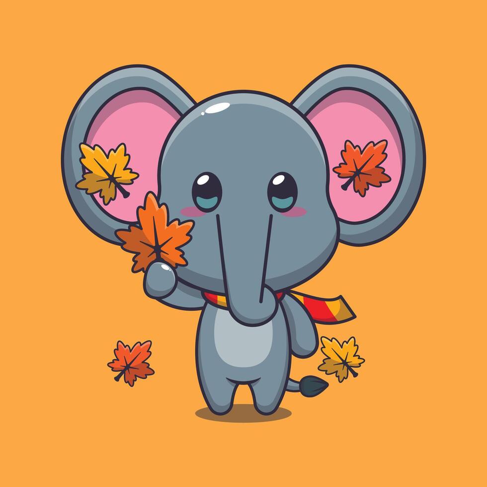 Cute elephant holding autumn leaf cartoon vector illustration