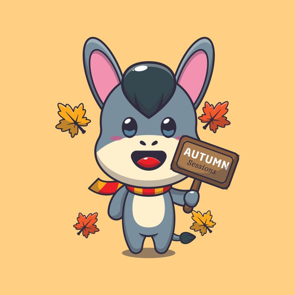 Cute donkey with autumn sign board. Mascot cartoon vector illustration suitable for poster, brochure, web, mascot, sticker, logo and icon.