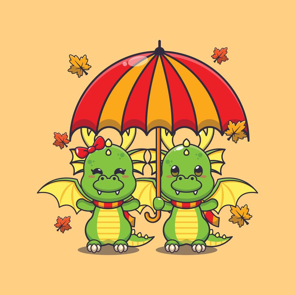 Cute couple dragon with umbrella at autumn season. Mascot cartoon vector illustration suitable for poster, brochure, web, mascot, sticker, logo and icon.