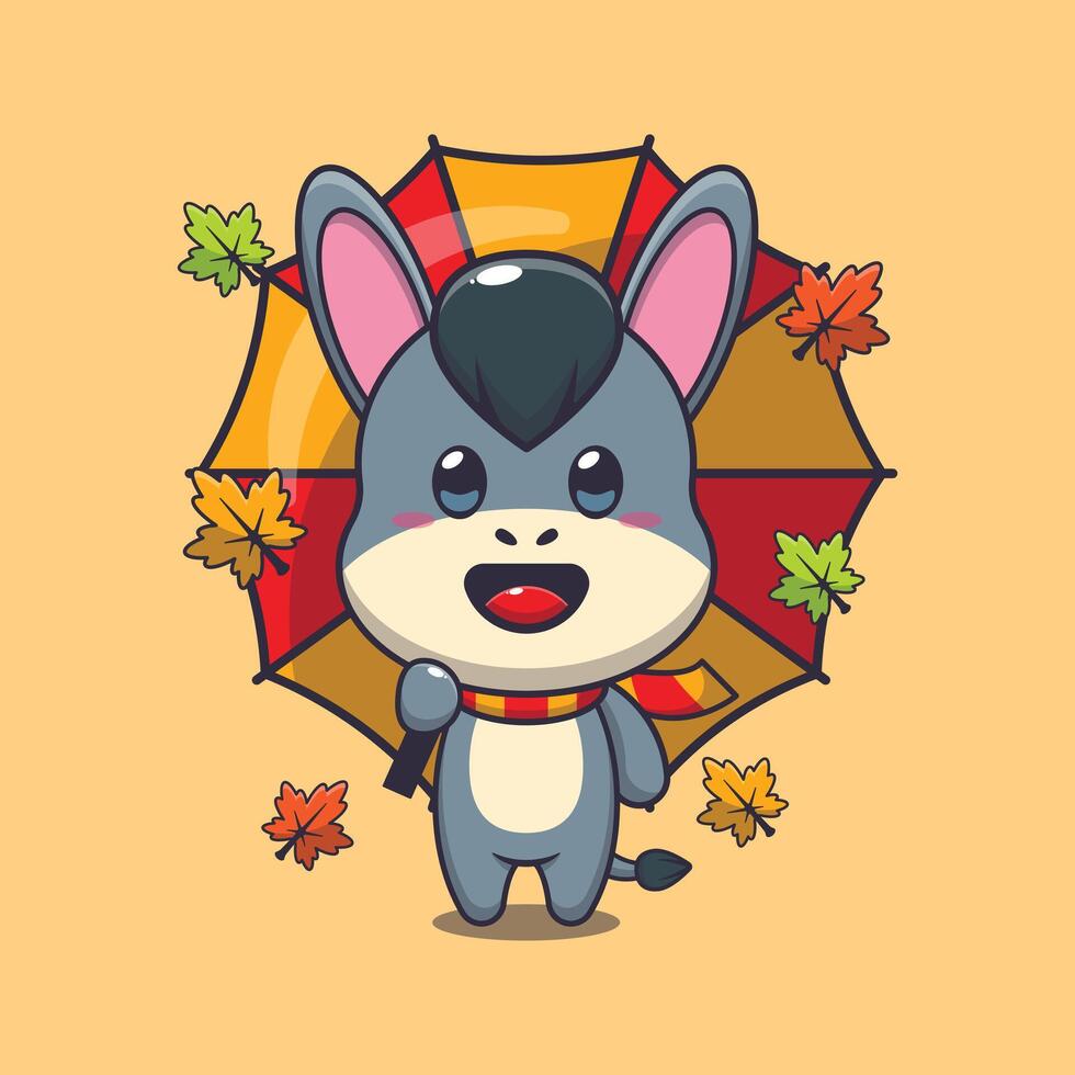 Cute donkey with umbrella at autumn season. Mascot cartoon vector illustration suitable for poster, brochure, web, mascot, sticker, logo and icon.