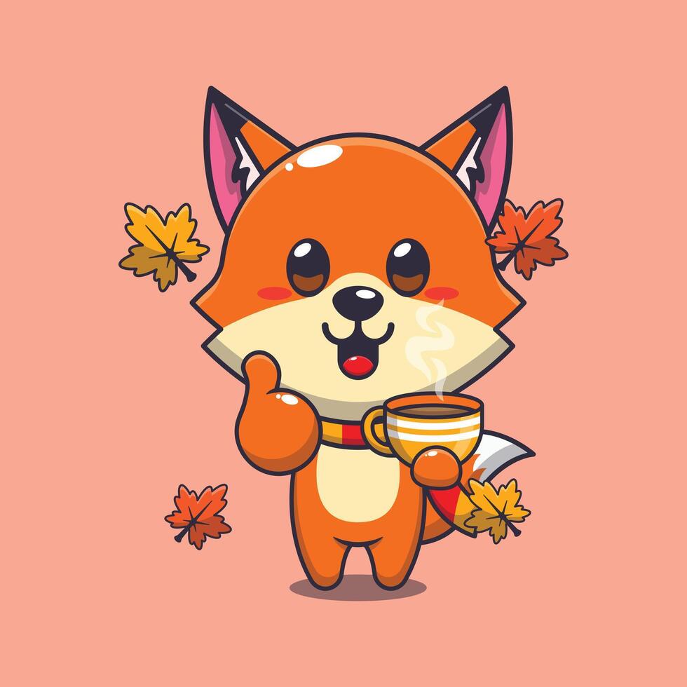 Cute fox with coffee in autumn season. vector