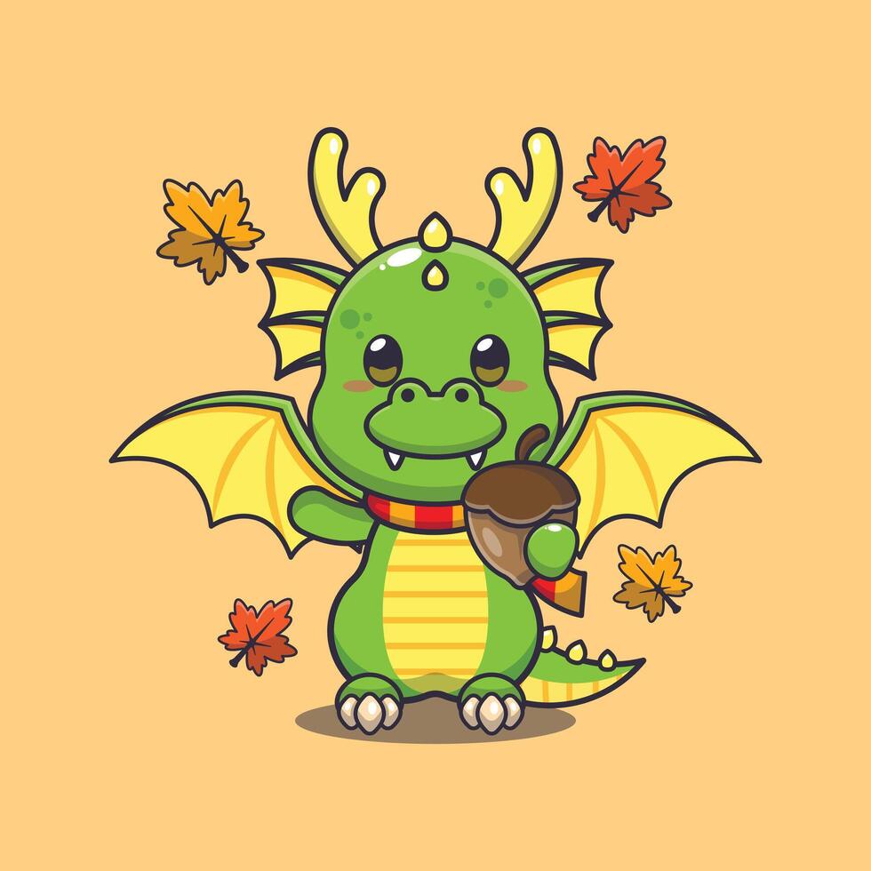 Cute dragon with acorns at autumn season. Mascot cartoon vector illustration suitable for poster, brochure, web, mascot, sticker, logo and icon.