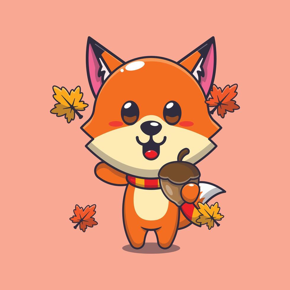 Cute fox with acorns at autumn season. vector