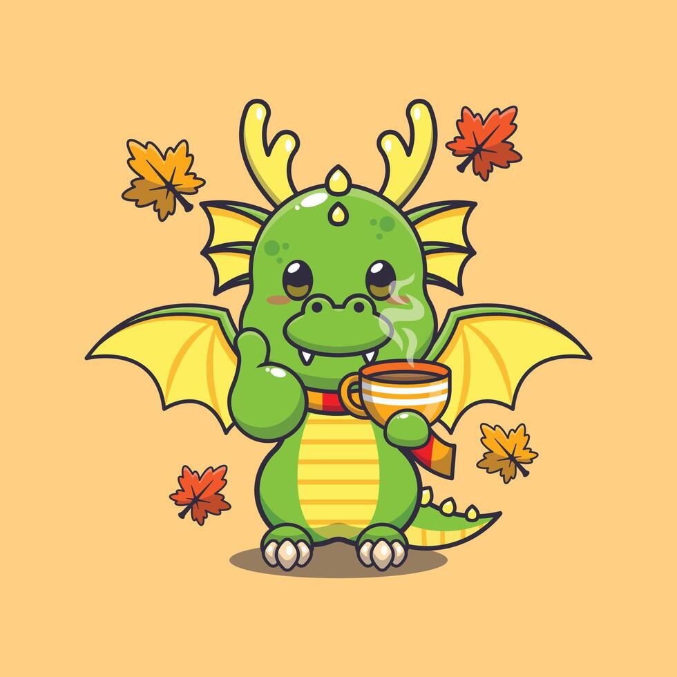 Cute dragon with coffee in autumn season. Mascot cartoon vector illustration suitable for poster, brochure, web, mascot, sticker, logo and icon.
