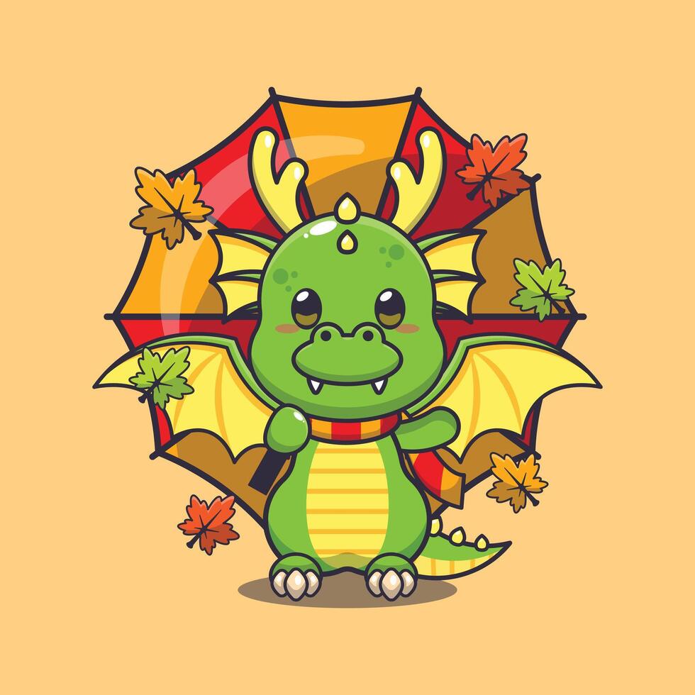 Cute dragon with umbrella at autumn season. Mascot cartoon vector illustration suitable for poster, brochure, web, mascot, sticker, logo and icon.