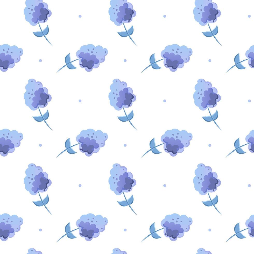 Colorful seamless pattern with blue hydrangea in flat style. Pattern with flowers and dots vector