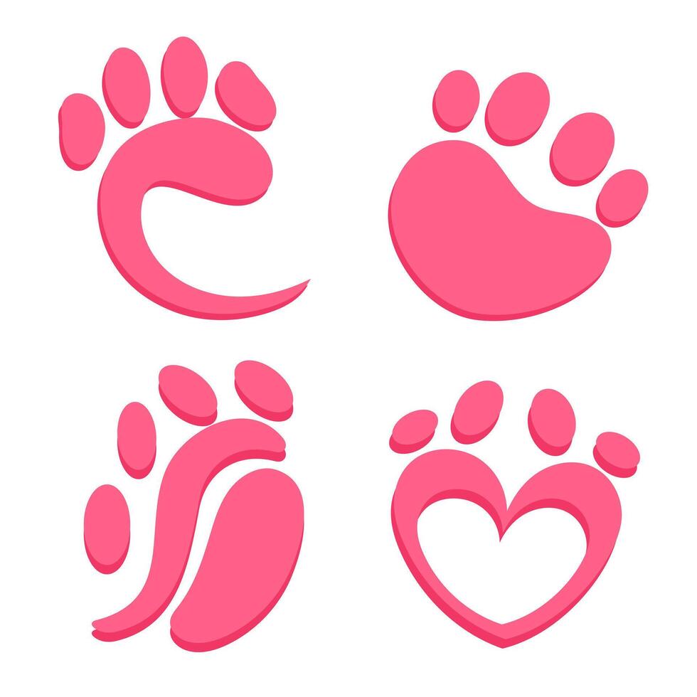 Set of vector icons on the theme of animal paws. Single color paw prints of dogs and cats