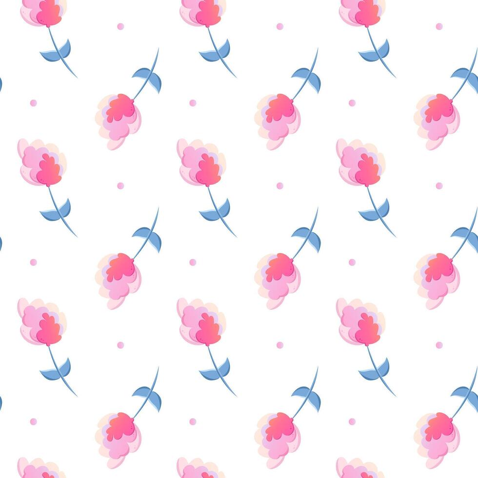 Colorful seamless pattern with pink hydrangea in flat style. Pattern with flowers and dots vector