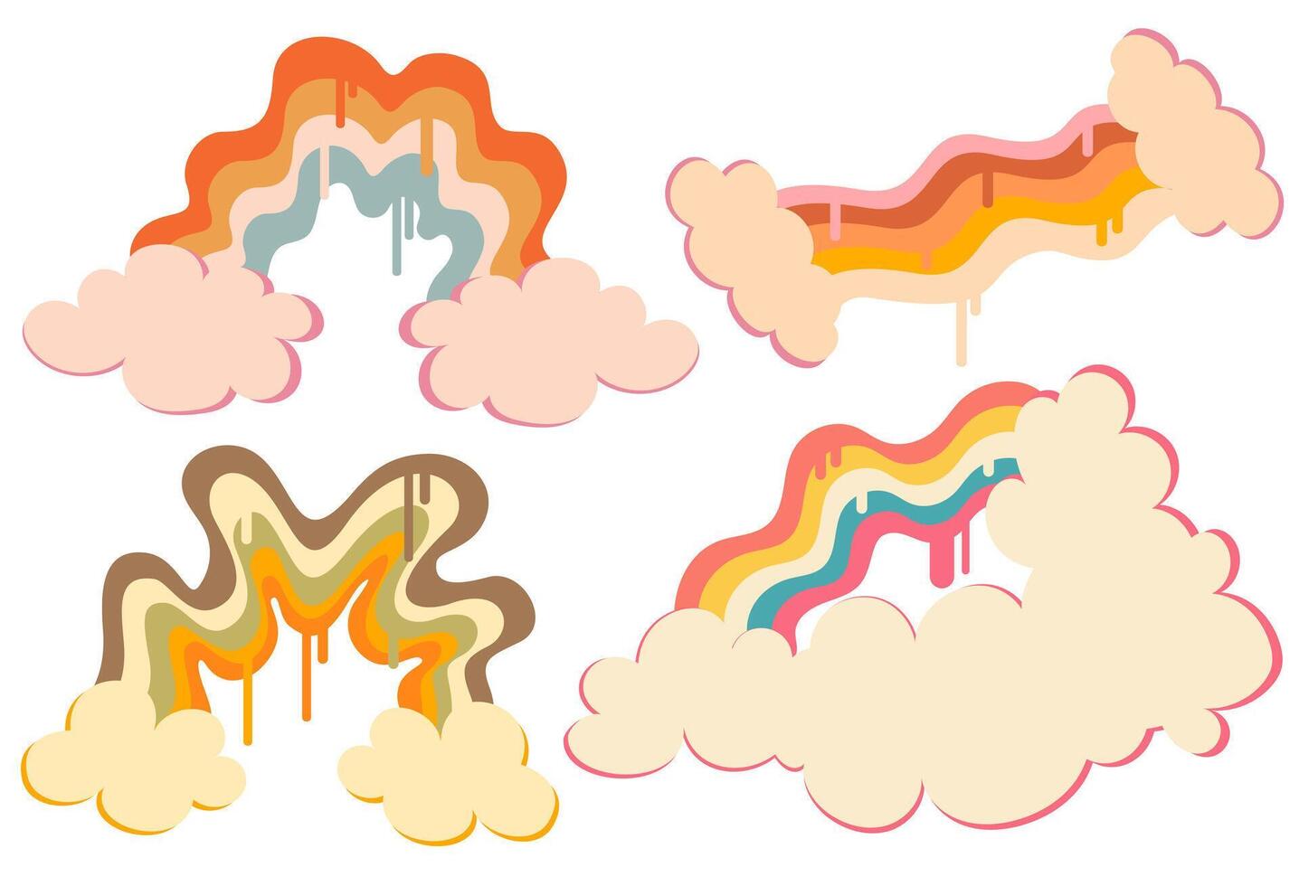 Colored set of vector icons depicting various rainbows and clouds in groovy style. Yellow, red, pink, blue