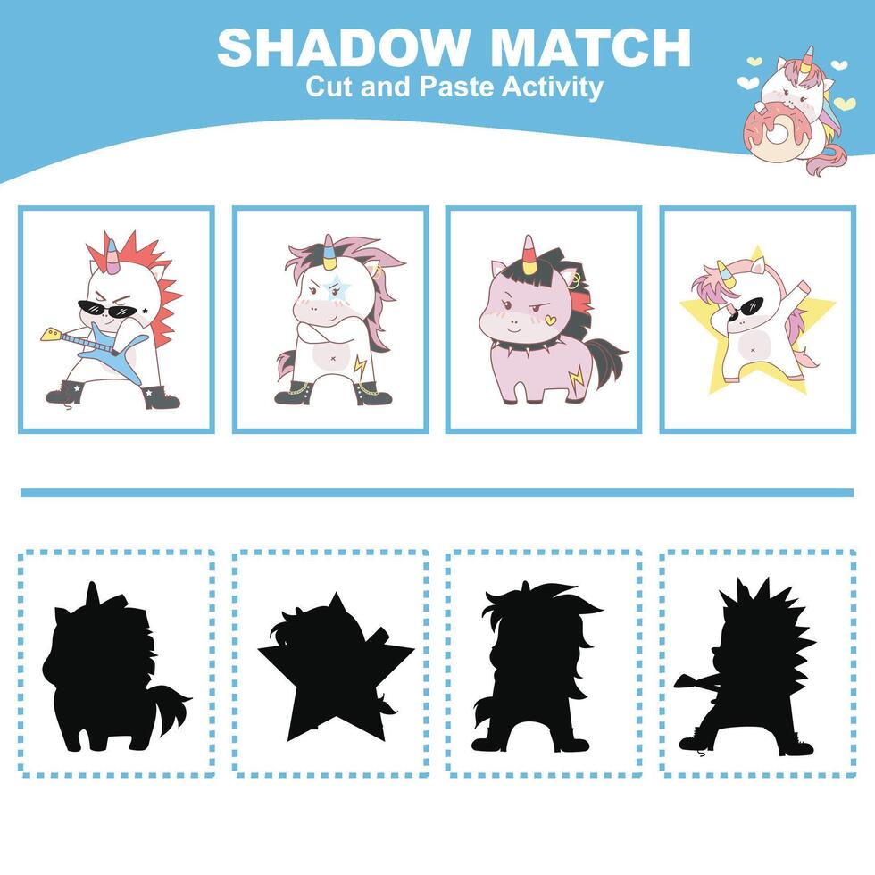 Cut the image in each box and glue it on each shadow. Find the correct shadow. Cut and paste activity for children vector