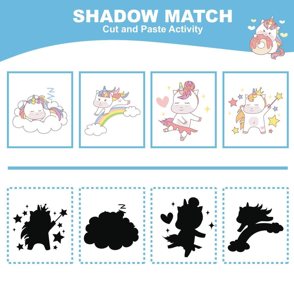 Cut the image in each box and glue it on each shadow. Find the correct shadow. Cut and paste activity for children vector
