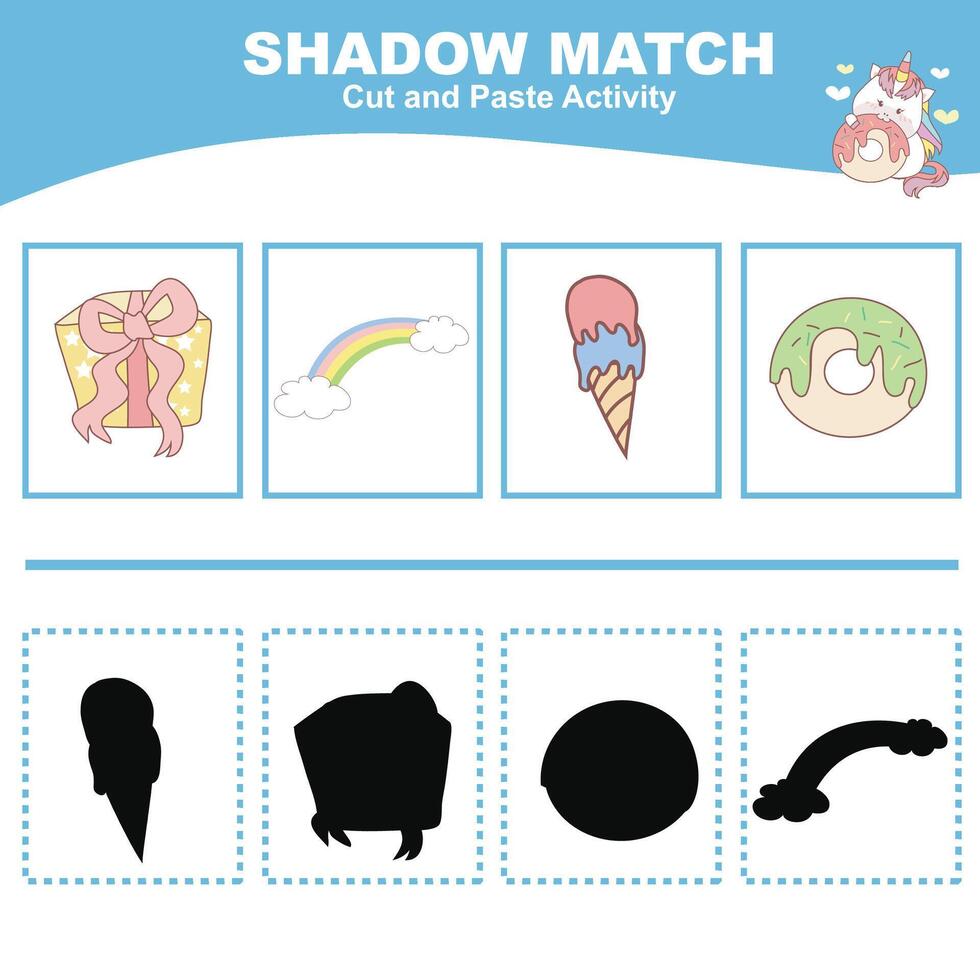 Cut the image in each box and glue it on each shadow. Find the correct shadow. Cut and paste activity for children vector