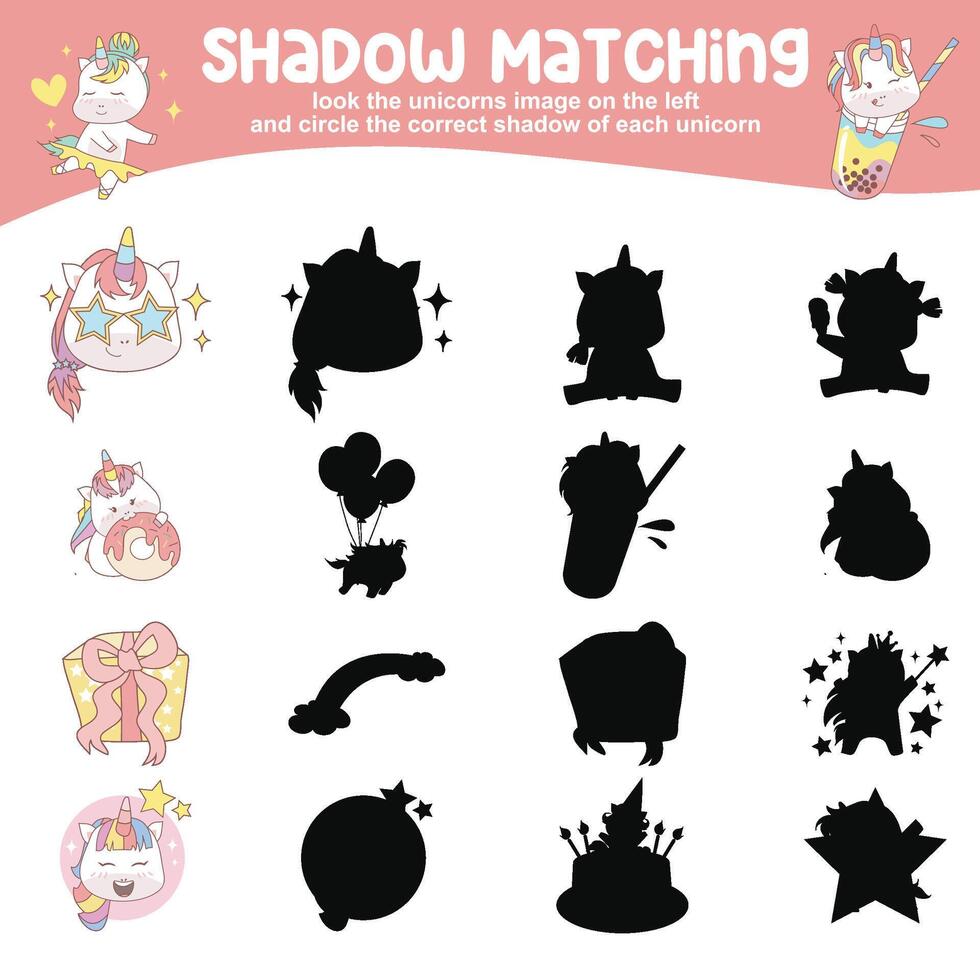 Look the unicorn image on the left and circle the correct shadow of each unicorn. Find the correct shadow vector