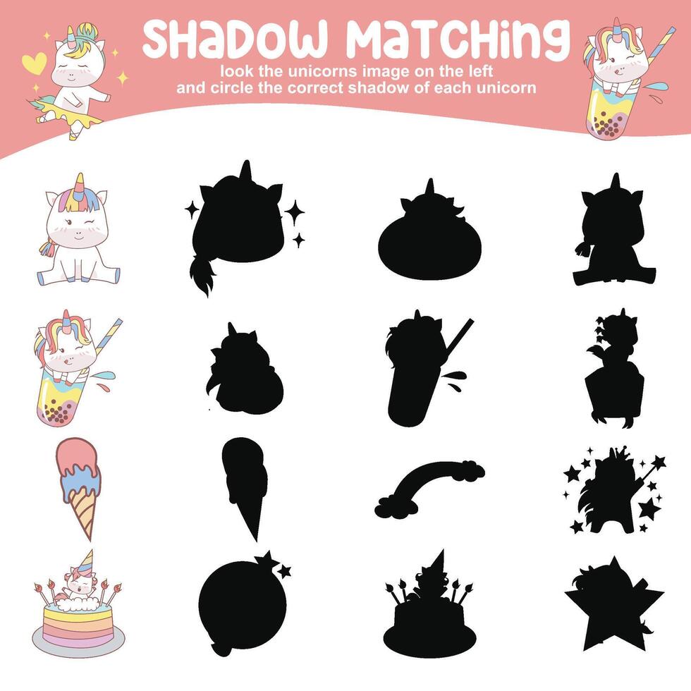 Look the unicorn image on the left and circle the correct shadow of each unicorn. Find the correct shadow vector