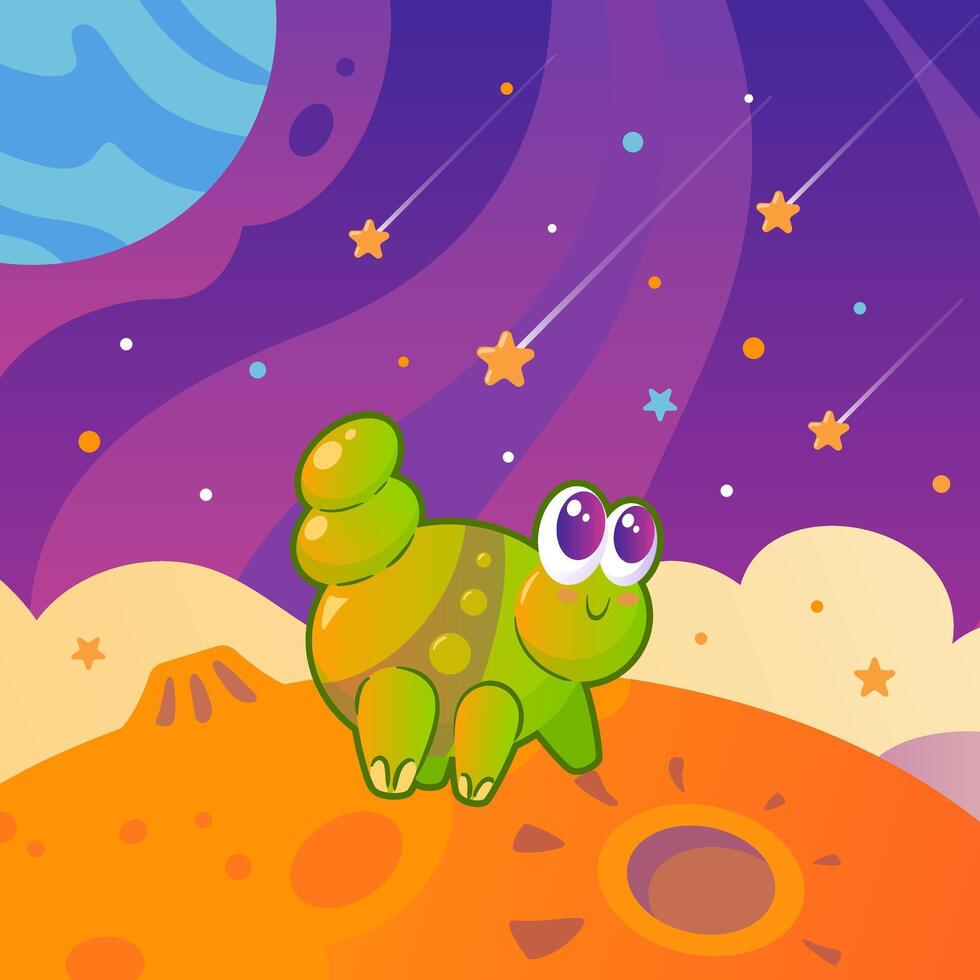 linda verde extraterrestre ese mira me gusta un oruga entre planetas y estrellas. espacio paisaje. para niños dibujos animados ilustración en Clásico estilo. espacio vuelos, el futuro. para carteles, pancartas, diseño vector