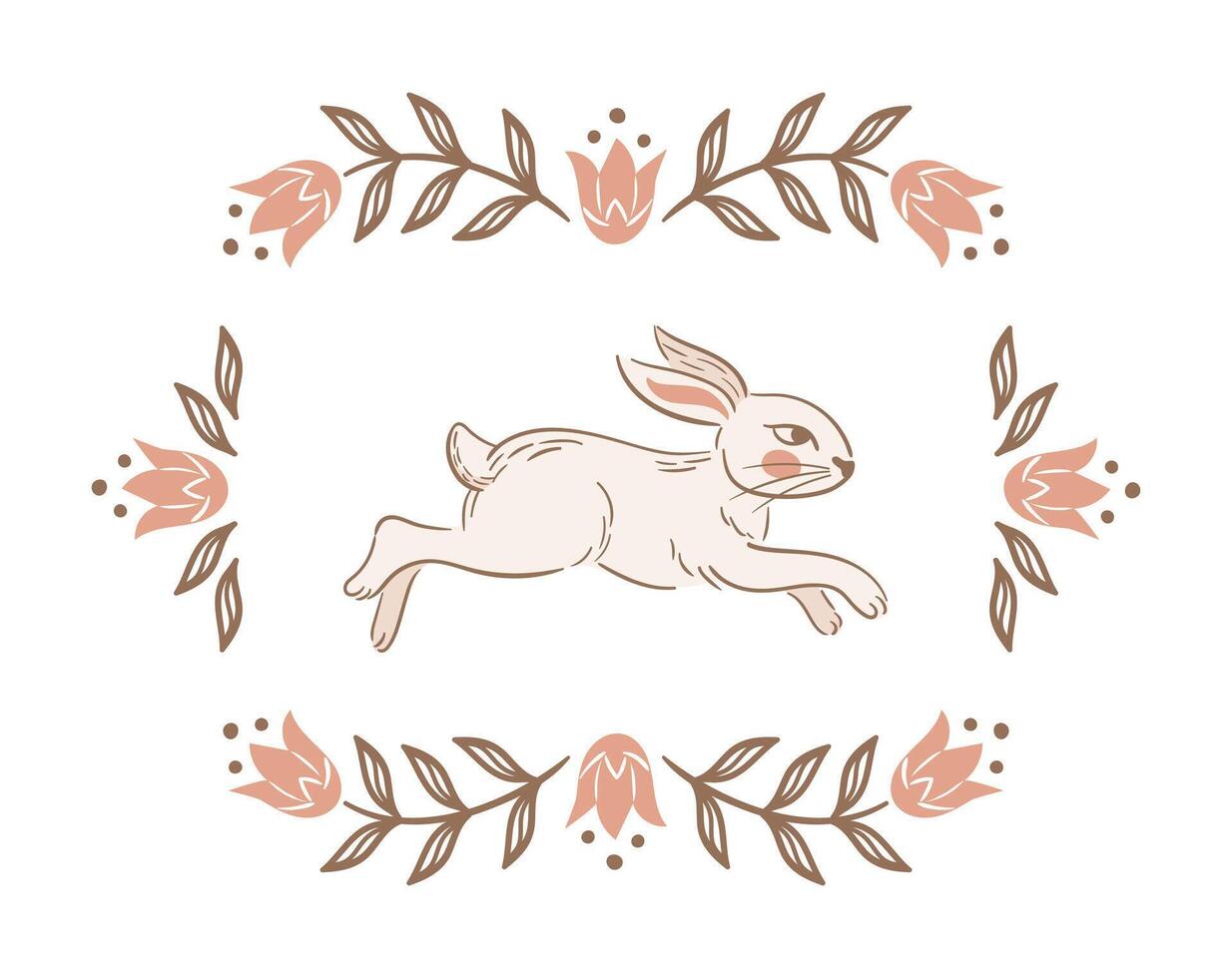 Running Easter bunny. Vintage Blooming tulips, rectangular frame. Stylized retro illustration. Boho, rustic style. For posters, postcards, banners, design elements. Slavic folk flowers. vector