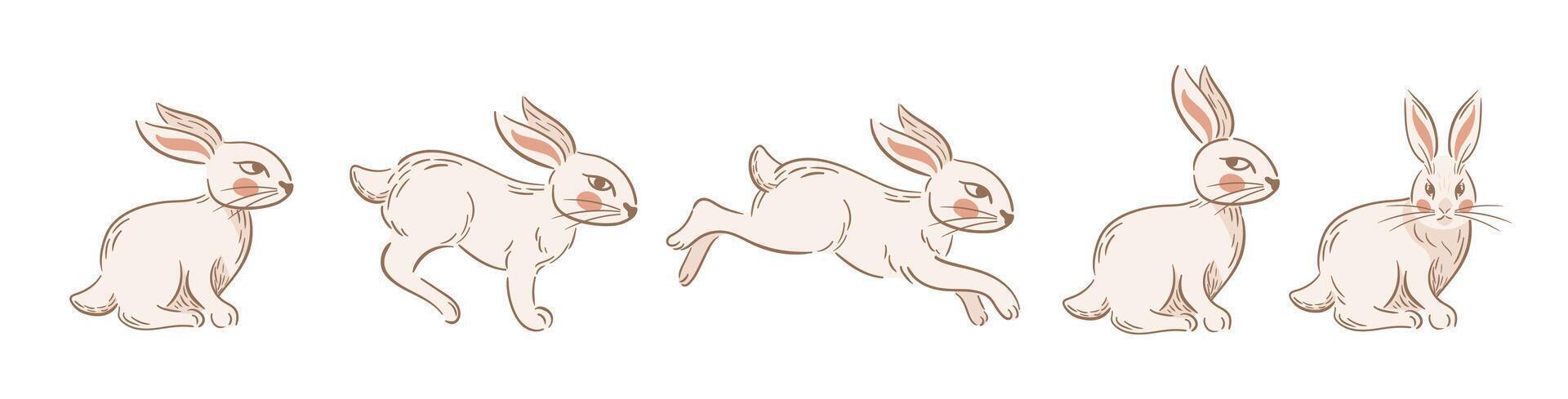 Set Easter running and sitting rabbits. Vintage stylized retro illustration. Boho, rustic style. Slavic folk. For stickers, posters, postcards, design elements vector