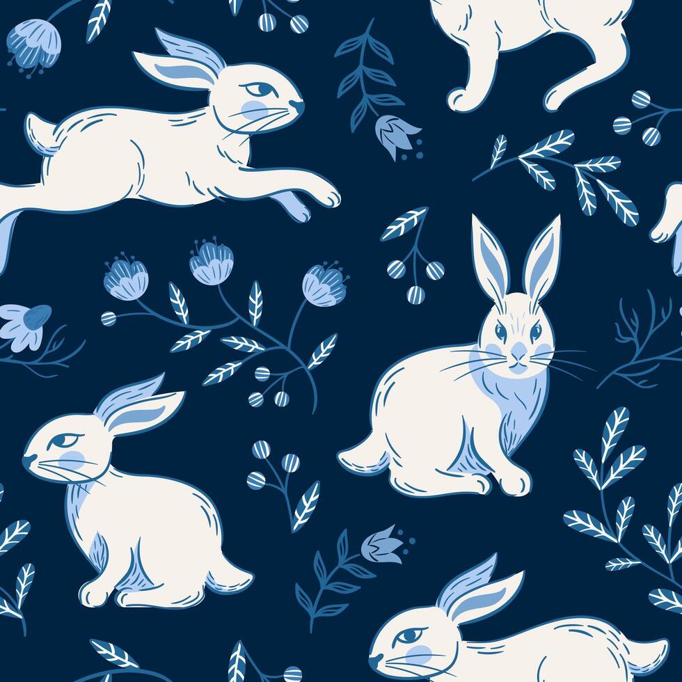 Easter running and sitting rabbits, seamless pattern. Vintage Blooming cherry, bearberry. Blue monochrome. Little garden. Boho, rustic style. wallpaper, wrapping, background. Slavic folk flowers vector