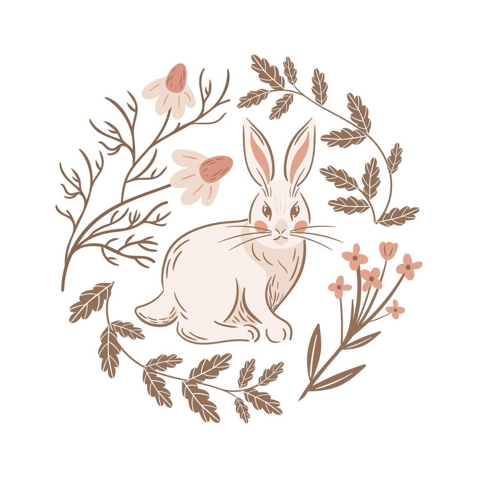 Sitting Easter bunny. Vintage blooming daisies, oak leaves, round frame. Stylized retro illustration. Boho, rustic style. For posters, cards, banners, design elements. Slavic folk flowers. vector