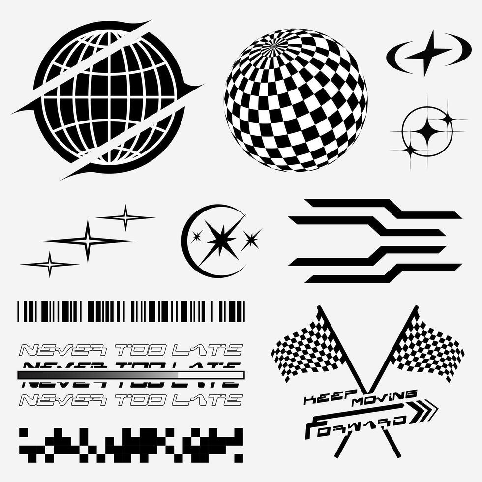 Element Streetwear fashion design vector set including checkered flag, globe, checked sphere, stars, abstract shape, barcode.
