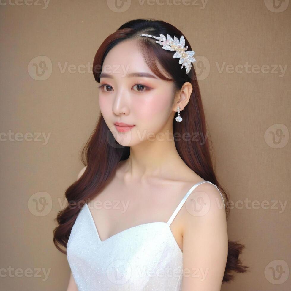 AI generated Asian woman in the image is wearing a white dress and a headpiece made of flowers. She is posing for a picture, and her hair is styled in a bun., generative AI photo