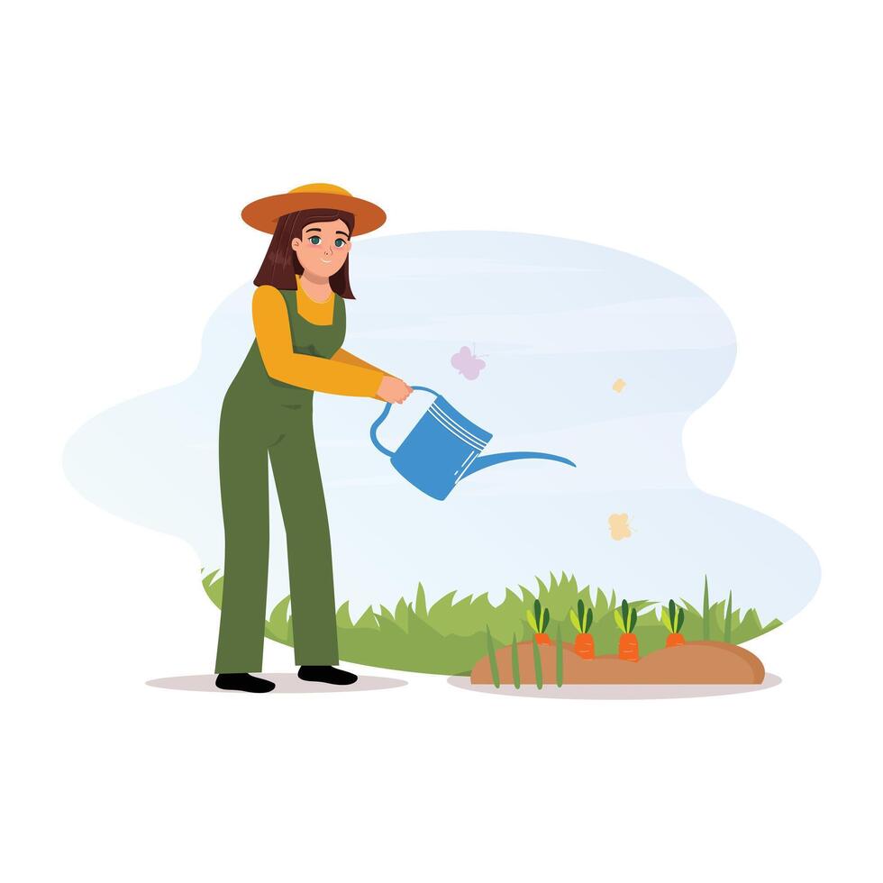 Farmer watering carrots, spring summer, autumn illustration vector