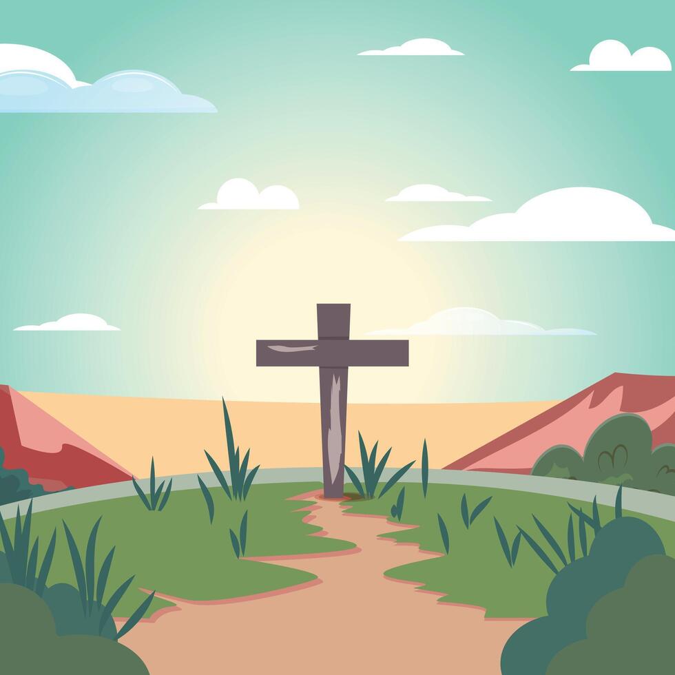 Symbolic Easter Pathway Illustration With A Wooden Cross In The Middle vector