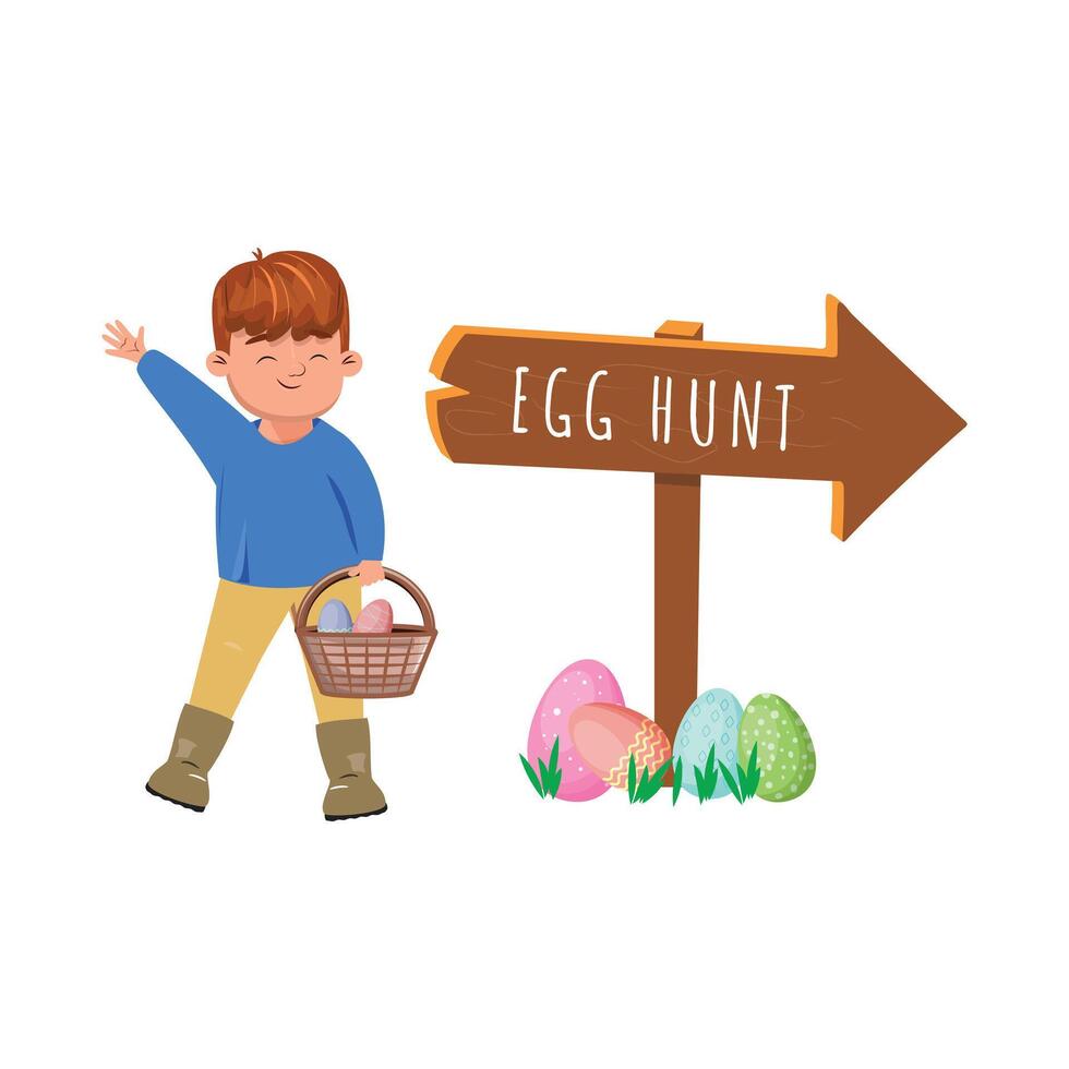 Easter Egg Hunt Excitement, Boy with Basket Filled With Painted Eggs vector