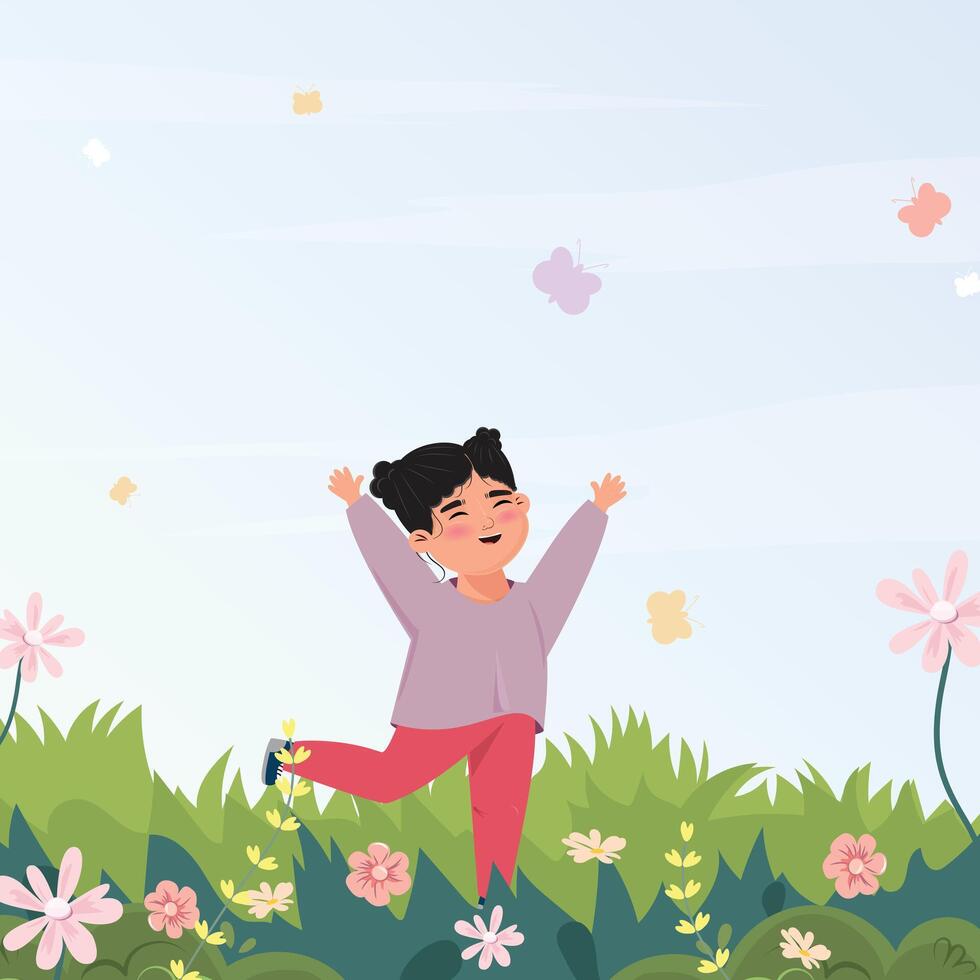 Happy girl dancing outside in the lawn, butterflies around her vector