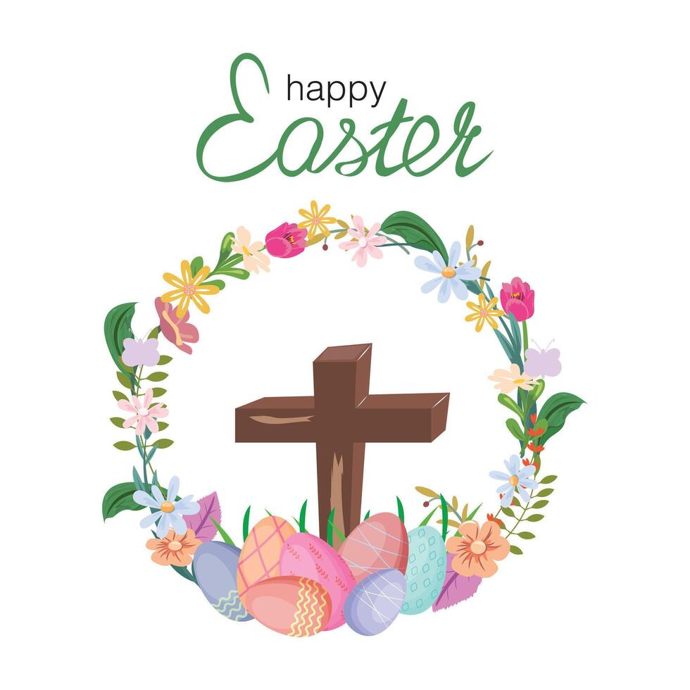 Easter cross decorated with floral wreath and Easter eggs vector