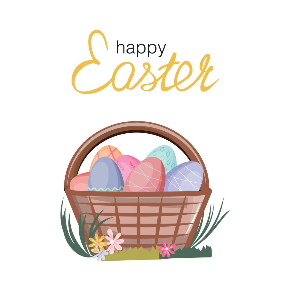 Happy Easter Basket With Painted Eggs Card vector