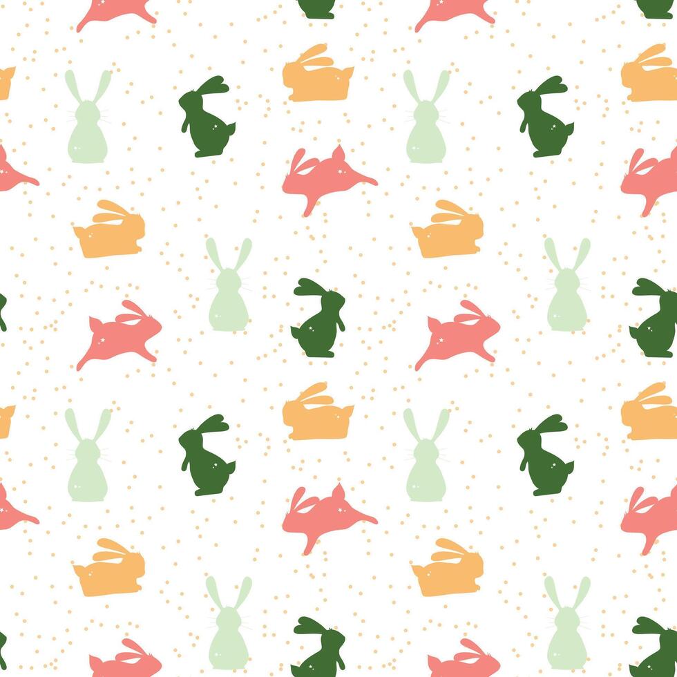 Cheerful Bunny Silhouette Pattern On Dotted background. Easter seamless pattern with bunnies vector