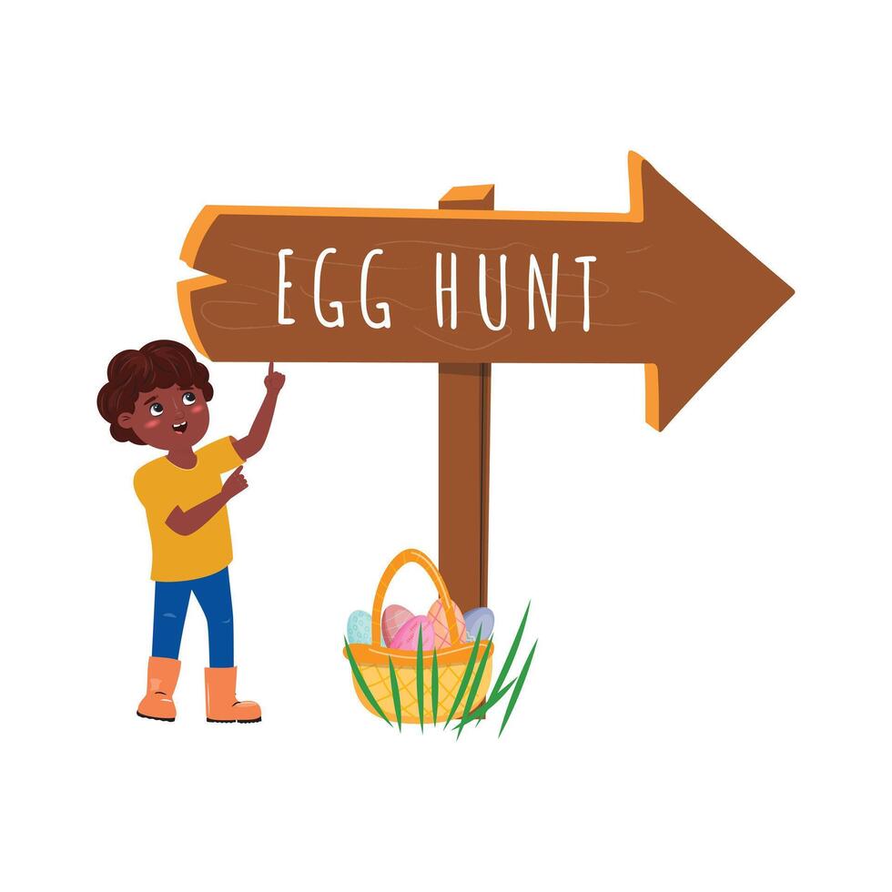 Black boy pointing up on the Egg hunt shield and on the floor standing a basket filled with painted eggs vector