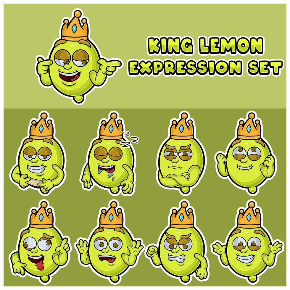 limón Fruta mascota personaje dibujos animados con corona y cara expresión colocar. vector