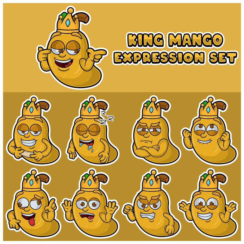 mango Fruta mascota personaje dibujos animados con corona y cara expresión colocar. vector