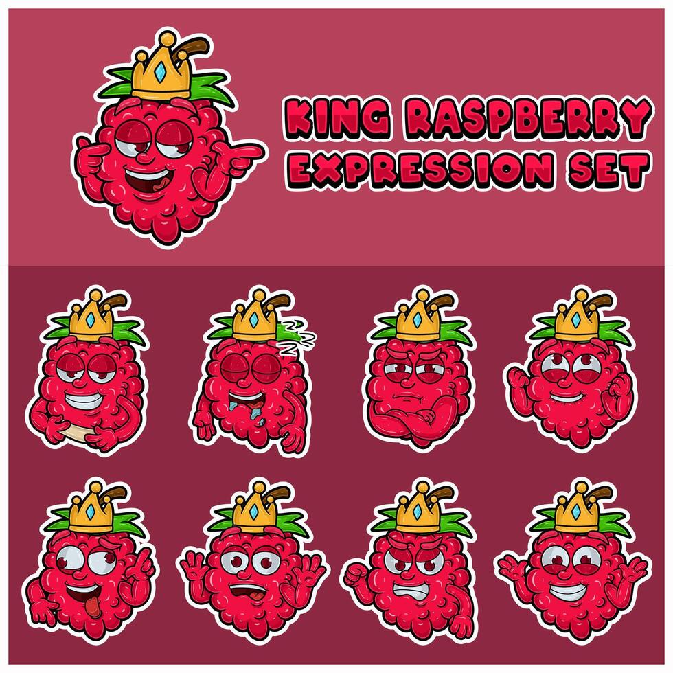 Cartoon Mascot Of  Raspberry Character with king and expression set. vector