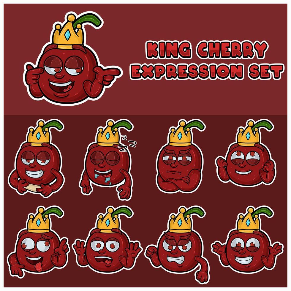 Cartoon of King Cherry Expression Set With Crown. vector