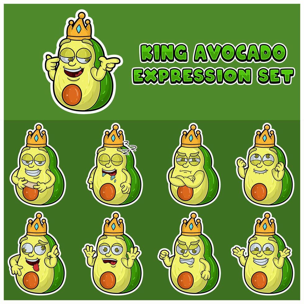 dibujos animados mascota de aguacate joder personaje con Rey y expresión colocar. vector