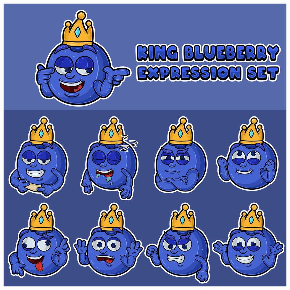 Blueberry fruit  mascot character cartoon with crown and face expression set. vector